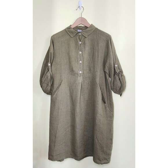 Elena Baldi Pure Linen Shirt Dress Womens Medium Army Green Roll Tab Sleeve Luxe - Picture 1 of 9